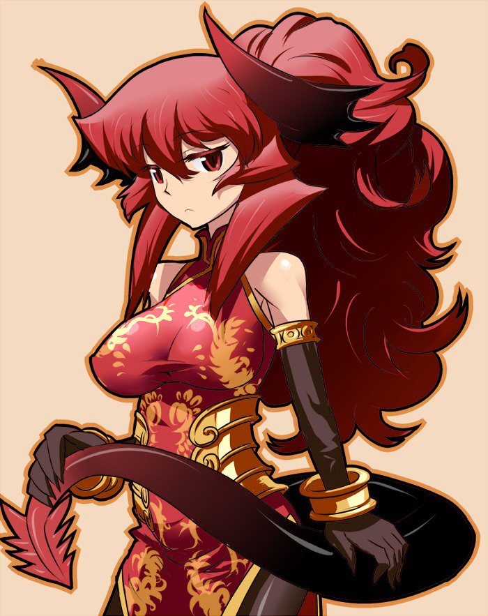 1girl :&lt; alternate_costume alternate_hairstyle armlet bangle bangs bare_shoulders big_hair black_gloves black_legwear bracelet breasts china_dress chinese_clothes covered_nipples cowboy_shot demon_girl demon_horns demon_tail dress elbow_gloves eyebrows_visible_through_hair gloves horns impossible_clothes impossible_dress jewelry jitome long_hair looking_at_viewer maou_beluzel matsuda_yuusuke medium_breasts pantyhose ponytail red_dress red_eyes redhead solo standing tail yuusha_to_maou