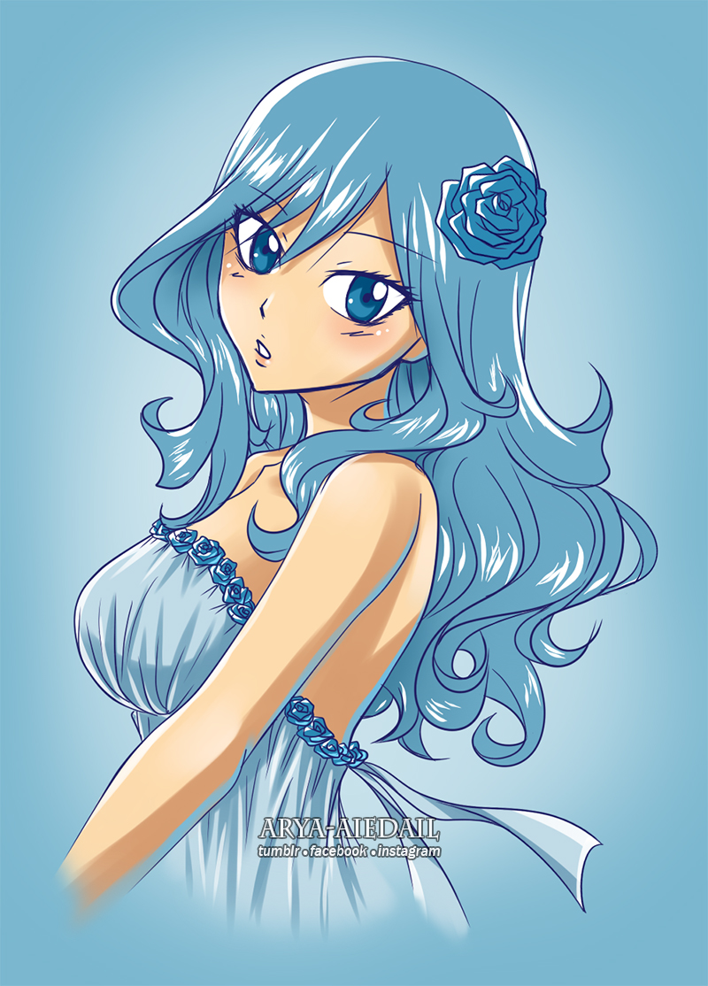 1girl artist_name arya-aiedail blue_background blue_dress blue_eyes blue_flower blue_hair blue_ribbon blue_rose breasts cropped_torso dress eyebrows_visible_through_hair fairy_tail floating_hair flower from_side hair_between_eyes hair_flower hair_ornament juvia_lockser large_breasts long_hair looking_at_viewer parted_lips ribbon rose shiny shiny_hair sideboob simple_background sleeveless sleeveless_dress solo strapless strapless_dress upper_body watermark