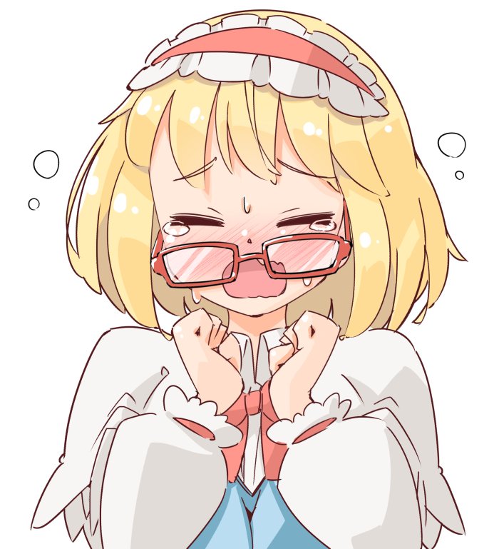 1girl alice_margatroid arnest bangs bespectacled blonde_hair blush bow bowtie capelet clenched_hands closed_eyes commentary_request eyebrows_visible_through_hair flying_teardrops frilled_hairband frills glasses hairband hands_up lolita_hairband long_sleeves nose_blush open_mouth puffy_sleeves red-framed_eyewear red_bow red_hairband red_neckwear shirt short_hair simple_background solo tears touhou upper_body white_background white_capelet white_shirt wing_collar