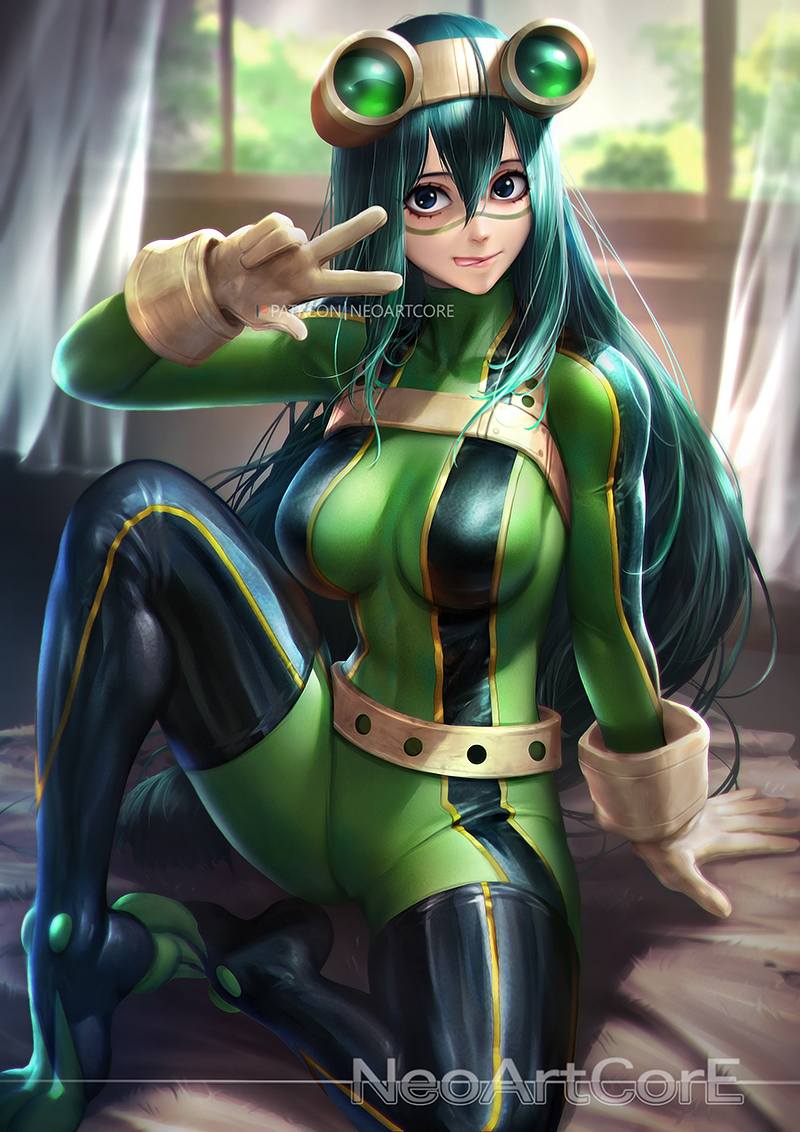 1girl :p aqua_hair arm_up artist_name asui_tsuyu bangs bed_sheet belt black_footwear blue_eyes blurry blurry_background bodysuit boku_no_hero_academia boots breasts closed_mouth curtains depth_of_field facepaint gloves goggles goggles_on_head green_bodysuit hair_between_eyes indoors knee_up large_breasts long_hair looking_at_viewer nudtawut_thongmai on_bed patreon_logo patreon_username sitting smile solo straight_hair thigh-highs thigh_boots tongue tongue_out very_long_hair w white_gloves window
