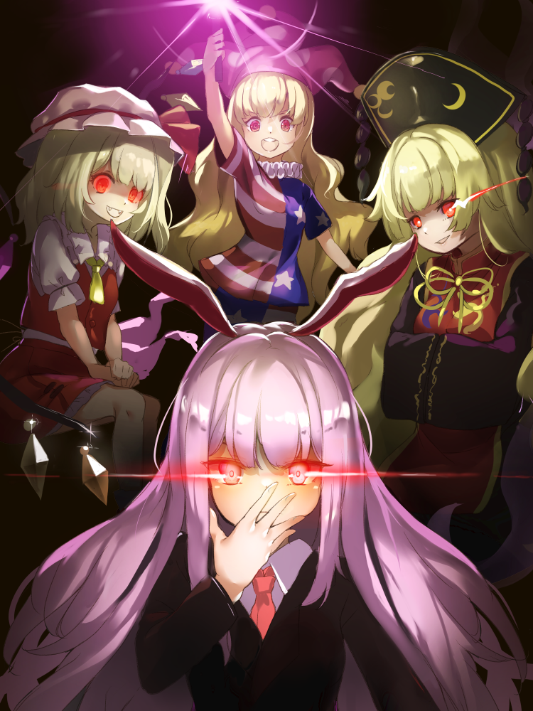 4girls :d american_flag_legwear american_flag_shirt animal_ears black_dress black_jacket blazer blonde_hair breasts clownpiece commentary_request dress fangs flandre_scarlet glowing glowing_eyes hand_on_own_face hand_up hands_together hat holding_torch jacket junko_(touhou) long_hair medium_breasts medium_hair mob_cap multiple_girls neckerchief necktie open_mouth piyodesu puffy_short_sleeves puffy_sleeves purple_hair rabbit_ears red_eyes red_neckwear red_skirt red_vest reisen_udongein_inaba serious shirt short_sleeves side_ponytail simple_background skirt smile tabard touhou trait_connection vampire very_long_hair very_long_sleeves vest white_shirt wide_sleeves wings yellow_neckwear