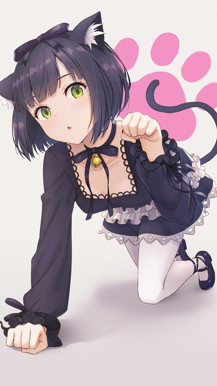 1girl :o all_fours animal_ear_fluff animal_ears bell black_bow black_choker black_dress black_footwear black_hair bow cat_ears cat_girl cat_tail choker collarbone dress foreshortening frilled_sleeves frills full_body green_eyes grey_background hair_bow head_tilt highres hyuuga_azuri jingle_bell lace_trim long_sleeves looking_at_viewer mary_janes original pantyhose parted_lips paw_background paw_pose ribbon_choker shadow shoes short_hair solo tail white_legwear