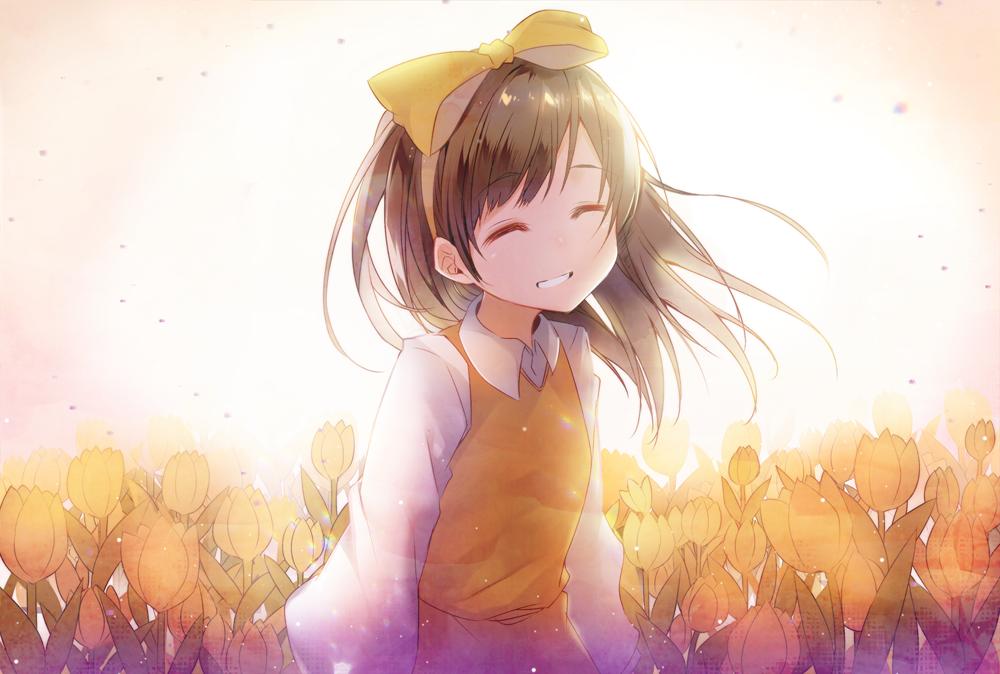 1girl backlighting bangs black_hair bow closed_eyes collared_shirt commentary_request devotion dress du_meishin eyebrows_visible_through_hair facing_viewer field flower flower_field hair_bow hairband long_hair long_sleeves outdoors parted_lips shirt smile solo standing tulip upper_body usagihime white_shirt yellow_bow yellow_dress yellow_flower yellow_hairband yellow_tulip