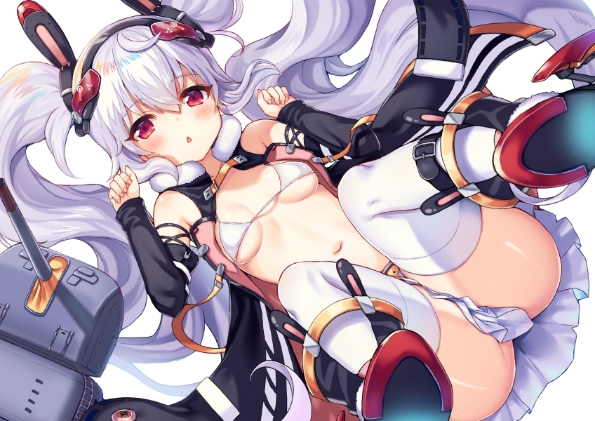 1girl animal_ears ass azur_lane bare_shoulders bikini black_gloves breasts cannon cleavage clenched_hands commentary_request elbow_gloves eyebrows_visible_through_hair fake_animal_ears from_below gloves hair_between_eyes hairband ichigo_seika jacket jitome laffey_(azur_lane) long_hair micro_bikini midriff miniskirt navel open_clothes open_jacket open_mouth pleated_skirt rabbit_ears red_eyes red_hairband silver_hair skirt sleeveless small_breasts spread_legs stomach swimsuit thigh-highs thighs twintails under_boob very_long_hair white_legwear