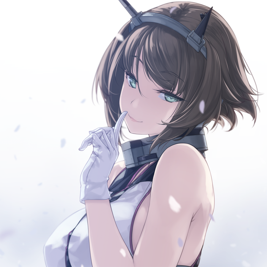 1girl bangs bare_shoulders breasts brown_hair cherry_blossoms closed_mouth collar eyebrows_visible_through_hair finger_to_mouth flipped_hair from_side gloves green_eyes head_tilt headgear kantai_collection large_breasts lips looking_at_viewer mutsu_(kantai_collection) rokuwata_tomoe short_hair sideboob simple_background smile solo upper_body white_background white_gloves