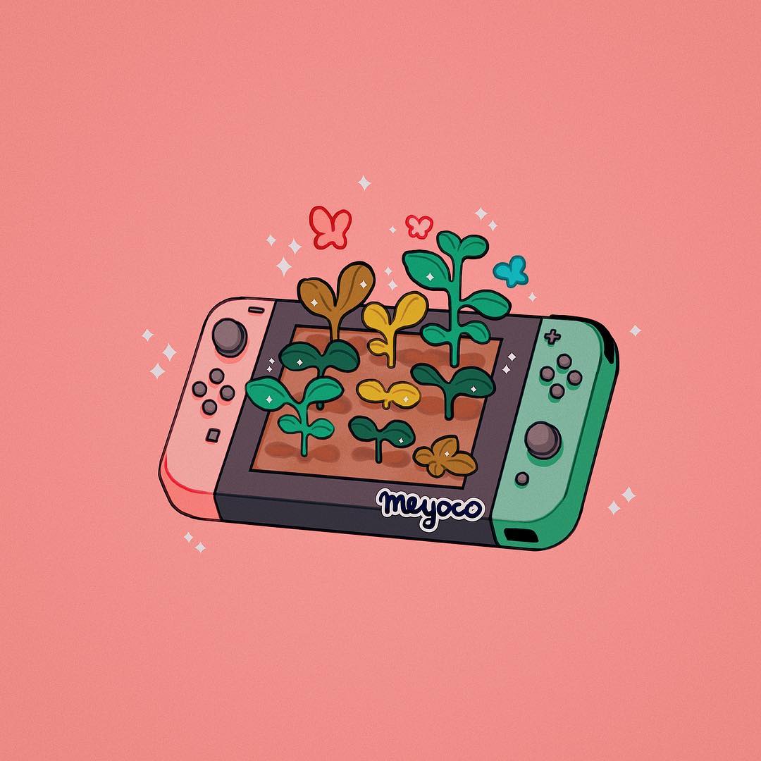 artist_name controller dirt game_controller handheld_game_console joy-con meyoco nintendo_switch no_humans pink_background plant simple_background sparkle stardew_valley