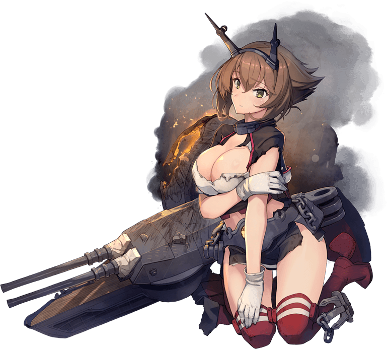 1girl anchor black_skirt boots breasts brown_hair capelet chains cleavage coat fire gloves green_eyes headband kantai_collection kneeling large_breasts machinery midriff mutsu_(kantai_collection) official_art pleated_skirt red_legwear remodel_(kantai_collection) rigging shizuma_yoshinori short_hair simple_background skirt smoke solo striped striped_skirt thigh-highs thigh_boots torn_clothes transparent_background turret white_gloves
