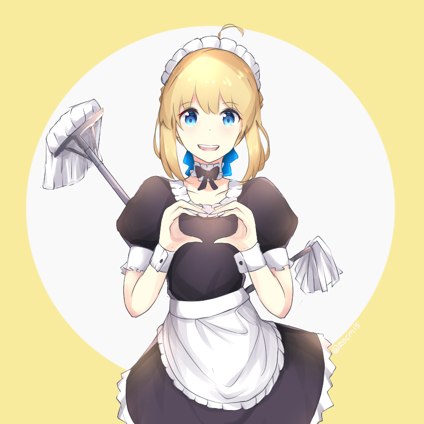 1girl :d ahoge alternate_costume apron artoria_pendragon_(all) bangs black_dress blonde_hair blue_bow blue_eyes blush bow dress duster enmaided eyebrows_visible_through_hair fate/stay_night fate_(series) frilled_apron frills hair_between_eyes hair_bow long_hair looking_at_viewer maid maid_headdress mop open_mouth puffy_short_sleeves puffy_sleeves rocm_(nkkf3785) saber short_sleeves sidelocks smile solo two-tone_background waist_apron white_apron white_background wrist_cuffs yellow_background