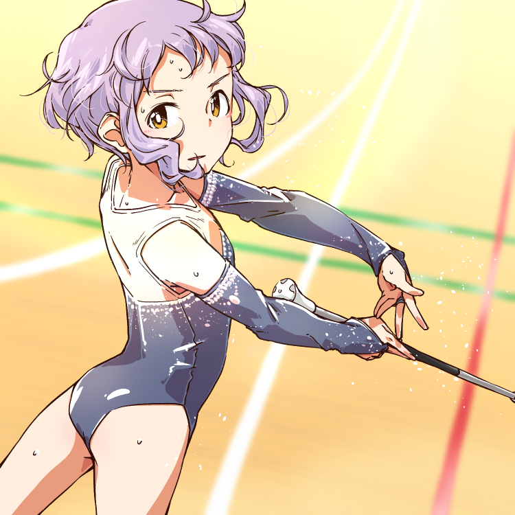 1girl baton commentary_request detached_sleeves guriko_(mossari) gymnast_leotard gymnastics idolmaster idolmaster_million_live! leotard looking_at_viewer looking_back makabe_mizuki purple_hair rhythmic_gymnastics short_hair solo sweat yellow_eyes