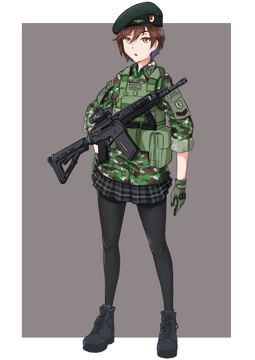1girl assault_rifle beret brown_hair camouflage commentary english_commentary foregrip full_body gloves gun hand_on_hip hat himmelstern load_bearing_vest military military_hat original pantyhose pleated_skirt rifle short_hair skirt solo weapon weapon_request yellow_eyes