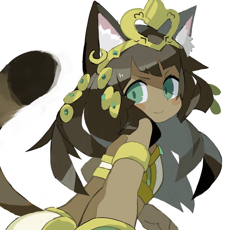 &gt;:) 1girl animal_ear_fluff animal_ears bangs bastet_(p&amp;d) brown_hair cat_ears cat_girl cat_tail closed_mouth commentary_request crop_top dark_skin ear_piercing egyptian egyptian_clothes green_eyes headpiece heart long_hair looking_at_viewer looking_to_the_side midriff paprika_shikiso piercing puzzle_&amp;_dragons simple_background smile solo tail tail_raised v-shaped_eyebrows very_long_hair white_background