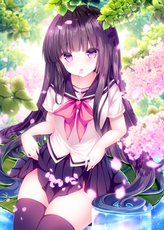 1girl black_hair black_legwear black_sailor_collar black_skirt blurry cherry_blossoms commentary_request cowboy_shot day depth_of_field flower kabocha_usagi leaf lily_pad long_hair looking_at_viewer miniskirt moe2019 mouth_hold nature original petals pink_neckwear plant pleated_skirt sailor_collar school_uniform serafuku shirt short_sleeves sitting skirt skirt_basket skirt_hold solo sunlight thigh-highs very_long_hair violet_eyes water white_shirt zettai_ryouiki