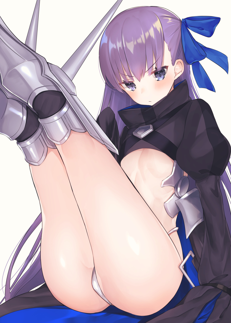 1girl ass bangs beige_background black_jacket blue_bow blush bow closed_mouth commentary_request crotch_plate eyebrows_visible_through_hair fate/extra fate/extra_ccc fate_(series) hair_bow jacket juliet_sleeves legs_up long_hair long_sleeves looking_at_viewer meltlilith puffy_sleeves purple_hair simple_background sleeves_past_fingers sleeves_past_wrists solo suzuho_hotaru v-shaped_eyebrows very_long_hair violet_eyes