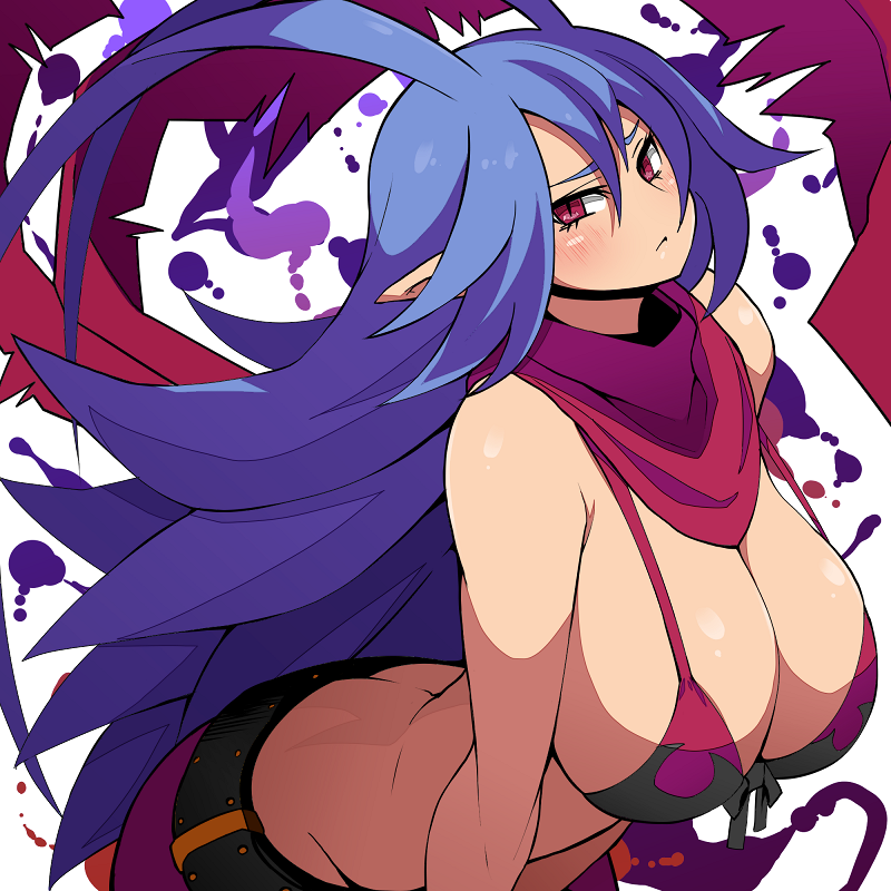 1girl antennae belt bikini_top blue_hair blush breasts butt_crack cleavage closed_mouth disgaea disgaea_d2 genderswap genderswap_(mtf) huge_breasts kara_age laharl laharl-chan long_hair looking_at_viewer midriff pointy_ears red_eyes red_scarf scarf shiny shiny_skin simple_background solo white_background