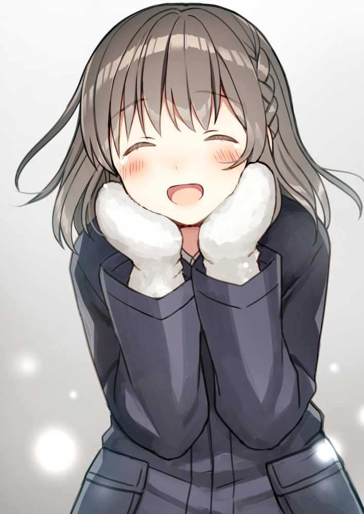 1girl :d ^_^ black_coat blush braid brown_hair closed_eyes closed_eyes commentary_request facing_viewer gradient gradient_background grey_background hands_on_own_cheeks hands_on_own_face hands_up kurata_rine long_hair long_sleeves mittens open_mouth original smile solo upper_body white_mittens