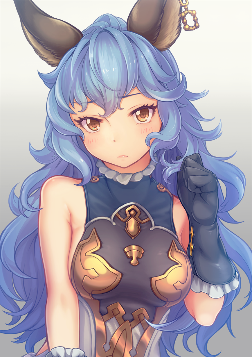 1girl animal_ears bangs bare_shoulders black_gloves blue_hair blush breasts brown_eyes closed_mouth earrings erune eyebrows_visible_through_hair ferry_(granblue_fantasy) frilled_gloves frills gloves granblue_fantasy hair_between_eyes hand_up highres hoop_earrings jewelry lips long_hair looking_at_viewer medium_breasts poroze sideboob simple_background single_earring solo upper_body wavy_hair