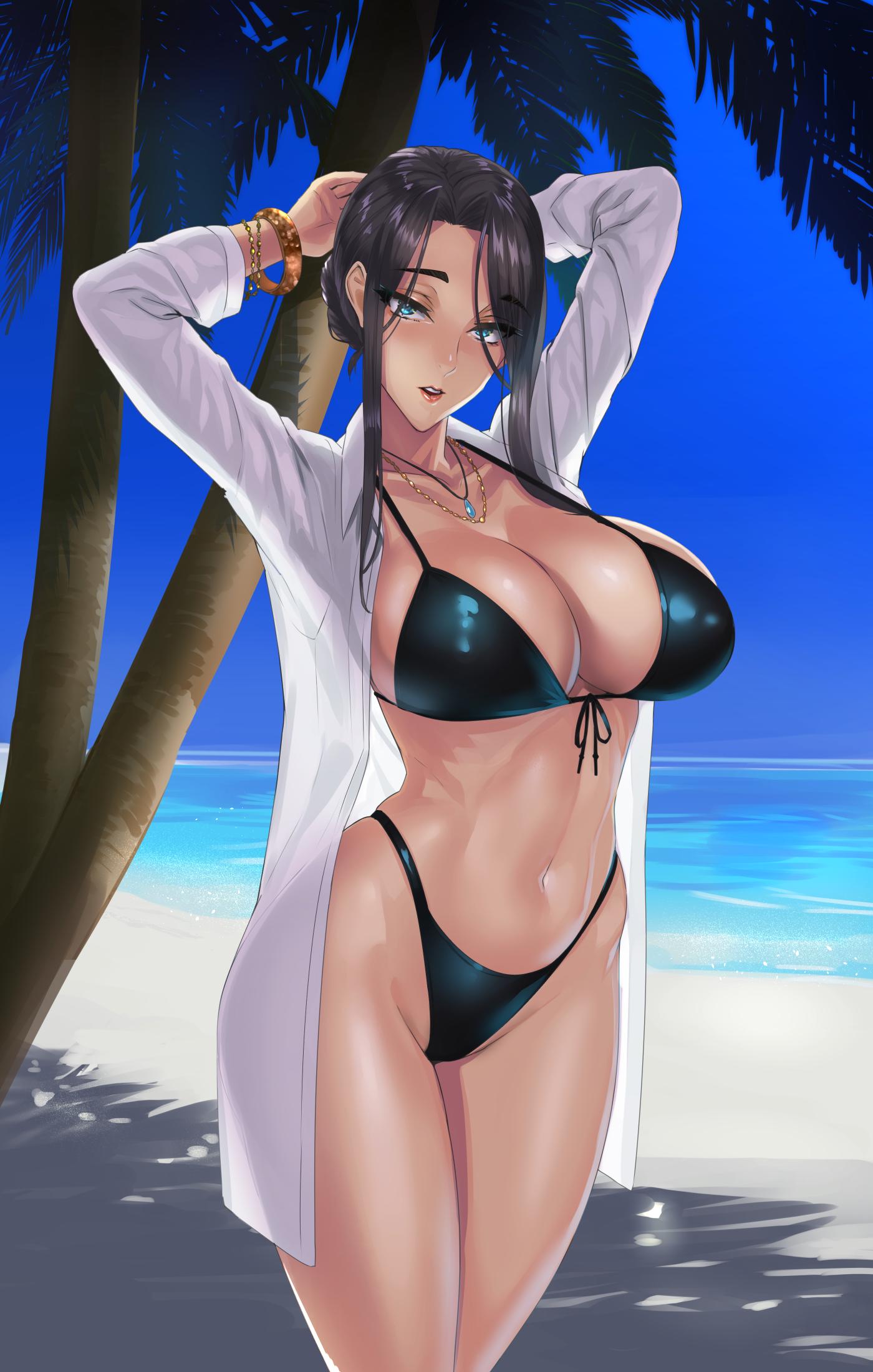 1girl arms_behind_head arms_up bangs beach bikini black_bikini black_hair blue_eyes bracelet breasts cleavage commentary_request daglasses day eyebrows_visible_through_hair highleg highleg_bikini highres jewelry large_breasts lipstick long_sleeves looking_at_viewer makeup navel necklace ocean open_clothes open_mouth open_shirt original outdoors palm_leaf palm_tree parted_bangs shadow shiny shiny_clothes shiny_hair shiny_skin shirt sidelocks solo stomach swimsuit thighs tied_hair tree water white_shirt