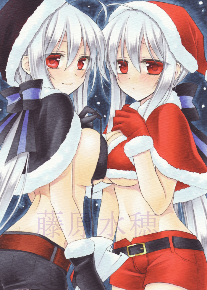 2girls ahoge belt black_bra black_capelet black_gloves black_hat black_santa_costume black_shorts blush bra breasts capelet cowboy_shot from_side fujiwara_minaho fur-trimmed_bra fur-trimmed_gloves fur-trimmed_hat fur_trim gloves groin hair_between_eyes hat holding holding_bra large_ears long_hair looking_at_viewer marker_(medium) midriff multiple_girls navel red_bra red_capelet red_eyes red_gloves red_hat red_shorts santa_costume santa_gloves santa_hat short_shorts shorts sideboob silver_hair smile standing stomach traditional_media under_boob underwear untied_bra utau very_long_hair vocaloid watermark yowane_haku