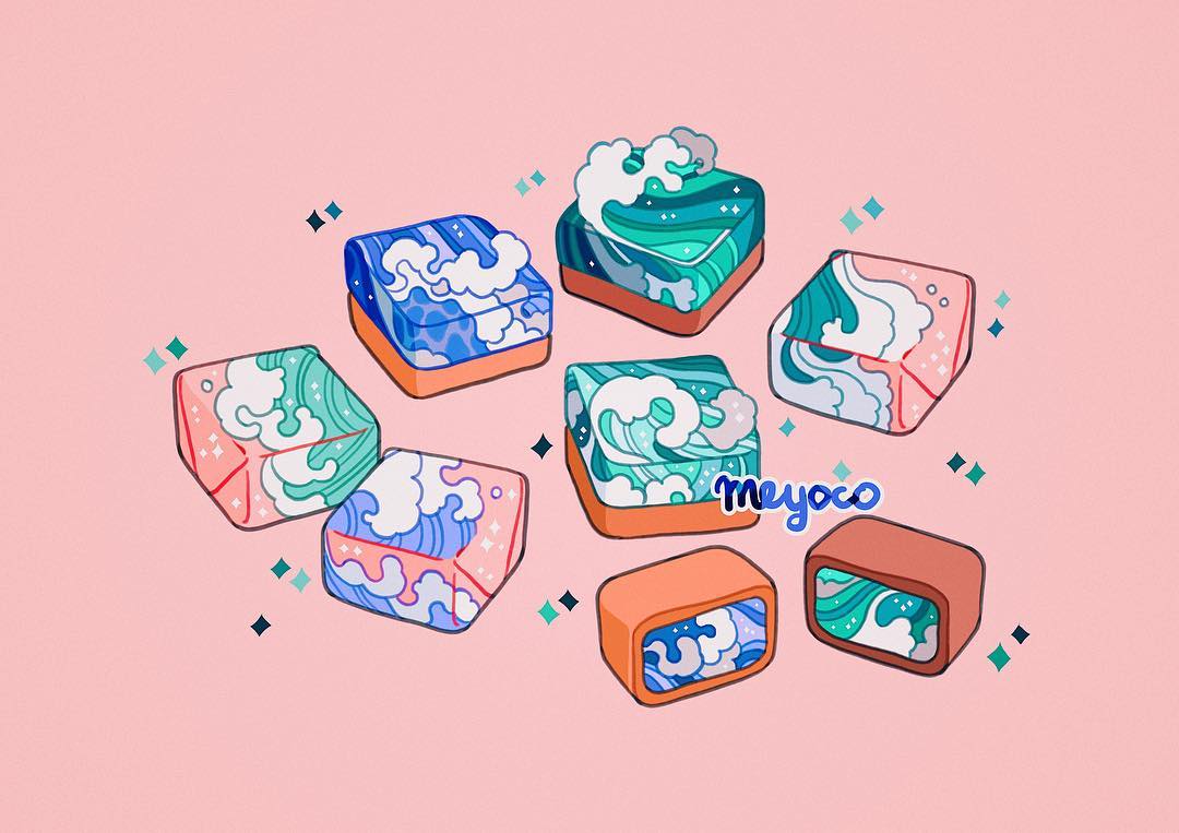 artist_name candy candy_wrapper food meyoco no_humans original pink_background simple_background sparkle water wave_print waves