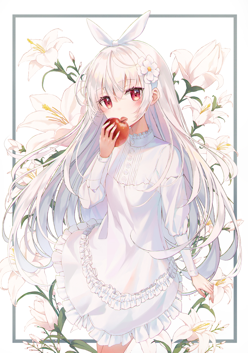 1girl apple blush buttons cowboy_shot dress flower food frame frilled_dress frills fruit hair_flower hair_ornament hair_ribbon hand_up holding holding_food holding_fruit lily_(flower) long_hair long_sleeves looking_at_viewer momingie open_mouth original red_eyes ribbon sidelocks solo standing very_long_hair white white_dress white_flower white_hair white_ribbon