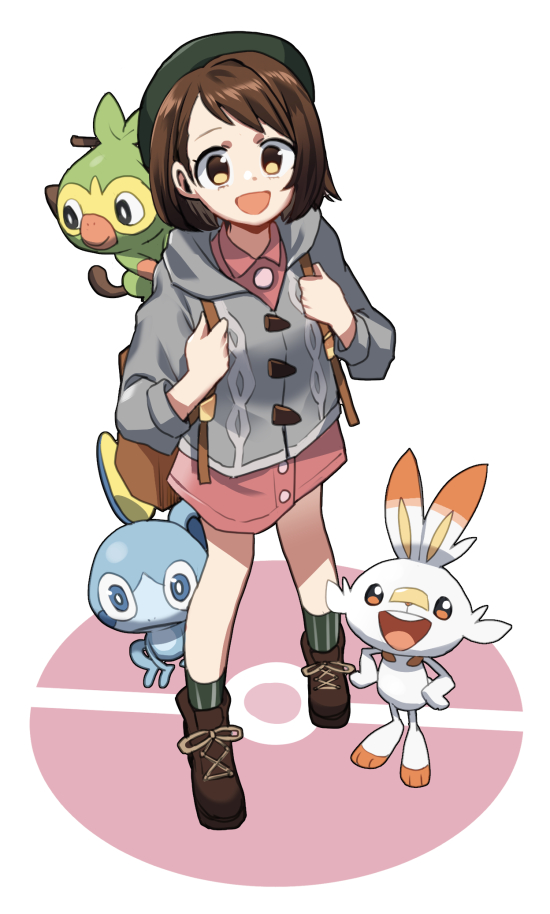 1girl backpack bag bangs boots brown_eyes brown_hair creatures_(company) female_protagonist_(pokemon_swsh) from_above full_body game_freak gen_8_pokemon grey_coat grookey hood hooded_sweater looking_at_viewer nintendo pokemon pokemon_(creature) pokemon_(game) pokemon_swsh round_teeth scorbunny short_hair simple_background skirt smile sobble standing striped striped_legwear sweater swept_bangs teeth wm_(chawoo1357)