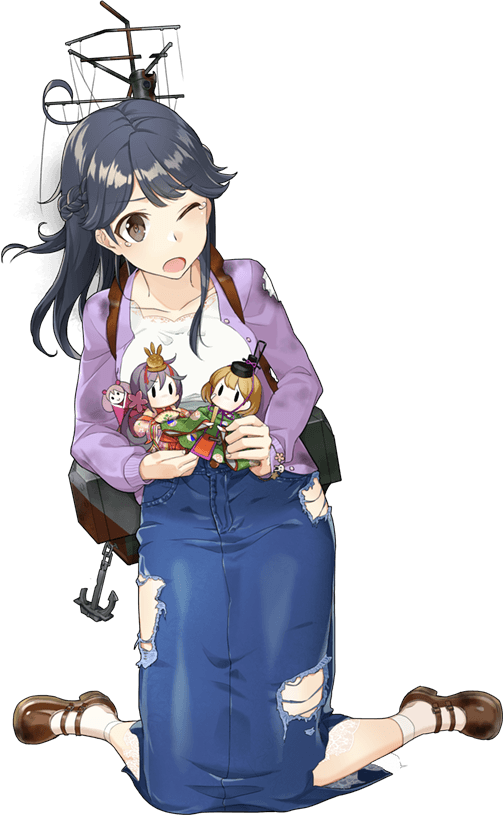 1girl ahoge akebono_(kantai_collection) alternate_costume anchor black_hair character_doll drew_(drew213g) flower full_body game_cg hair_flower hair_ornament hina_ningyou kantai_collection long_hair long_skirt machinery oboro_(kantai_collection) official_art remodel_(kantai_collection) rigging sazanami_(kantai_collection) skirt smile solo torn_clothes torn_skirt transparent_background ushio_(kantai_collection)