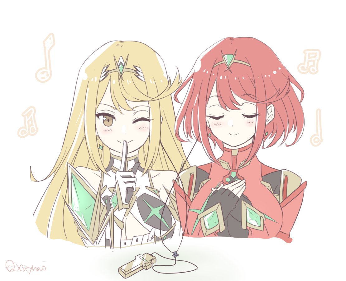 2girls armor bangs bare_shoulders blonde_hair blush breasts cleavage cleavage_cutout closed_eyes earphones earphones earrings elbow_gloves fingerless_gloves gem gloves hair_ornament headpiece mythra_(xenoblade) pyra_(xenoblade) jewelry large_breasts listening_to_music long_hair looking_at_viewer mochimochi_(xseynao) multiple_girls nintendo one_eye_closed redhead short_hair simple_background smile swept_bangs tiara very_long_hair white_background xenoblade_(series) xenoblade_2 yellow_eyes