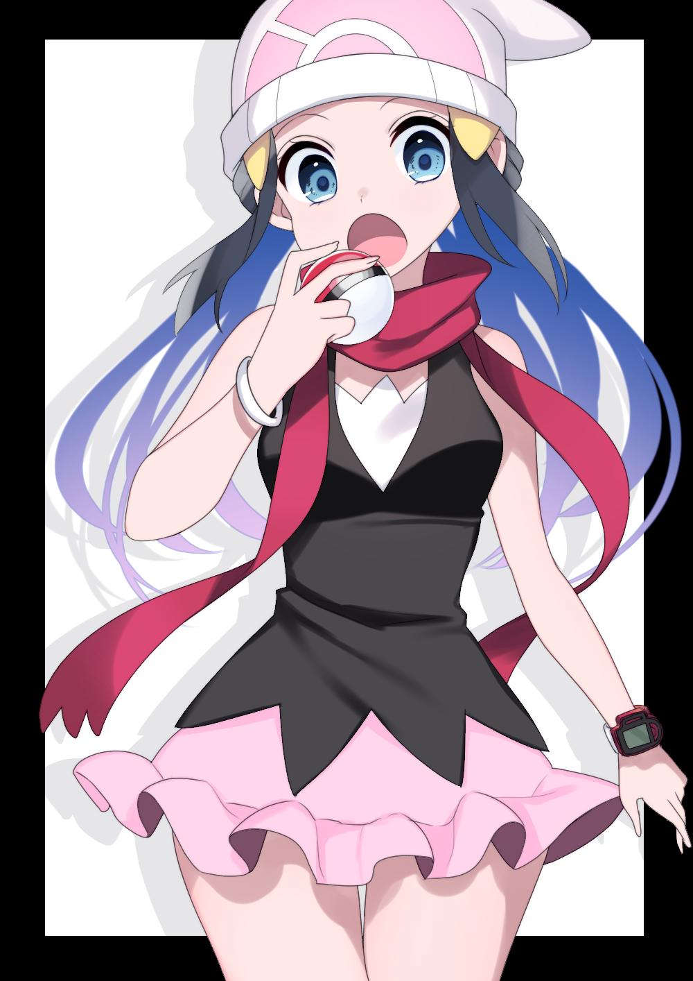 1girl black_hair black_shirt blue_eyes blue_hair cowboy_shot creatures_(company) floating_hair frilled_skirt frills game_freak hat highres hikari_(pokemon) holding holding_poke_ball long_hair looking_at_viewer miniskirt multicolored_hair nintendo open_mouth pink_skirt poke_ball poke_ball_print pokemon pokemon_(game) pokemon_dppt shadow shirt skirt sleeveless sleeveless_shirt solo standing thigh_gap two-tone_hair white_background white_hat yuihiko