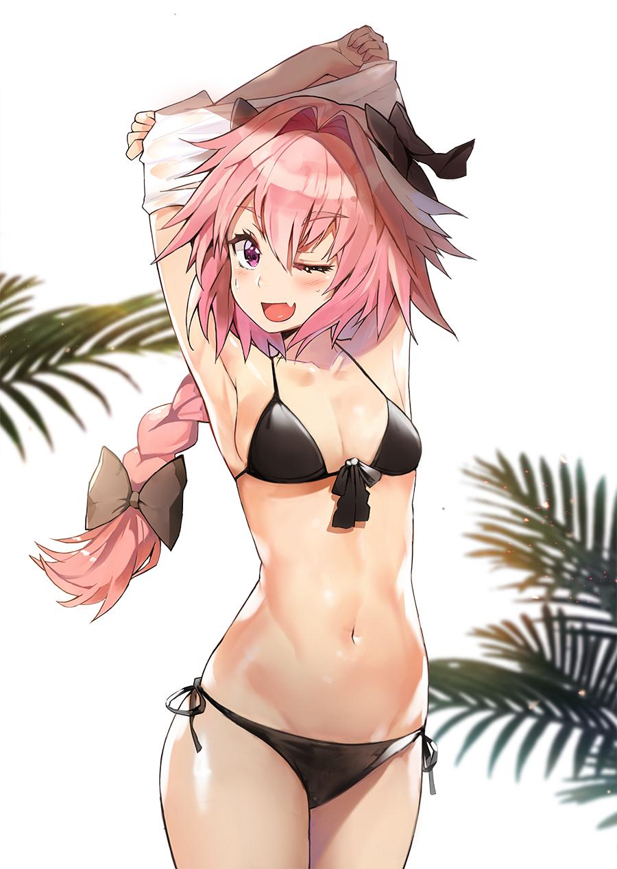 1girl ;d armpits arms_up astolfo_(fate) bikini black_bikini black_bow blush bow braid commentary_request eto_(nistavilo2) eyebrows_visible_through_hair fang fate/apocrypha fate/grand_order fate_(series) genderswap genderswap_(mtf) hair_bow highres long_hair looking_at_viewer navel one_eye_closed open_mouth pectorals pink_hair side-tie_bikini simple_background single_braid smile solo standing swimsuit thigh-highs undressing violet_eyes white_background