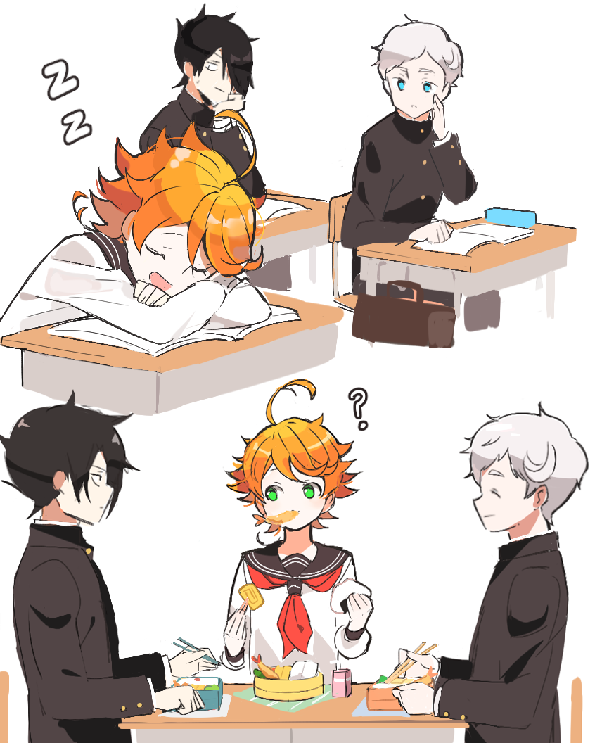 1girl 2boys ? ahoge black_hair blue_eyes book chopsticks closed_eyes contemporary desk eating emma_(yakusoku_no_neverland) food food_in_mouth gakuran green_eyes holding holding_food joman multiple_boys norman_(yakusoku_no_neverland) obentou onigiri orange_hair ray_(yakusoku_no_neverland) school_desk school_uniform serafuku short_hair shrimp shrimp_tempura sitting sleeping tempura white_background white_hair yakusoku_no_neverland zzz