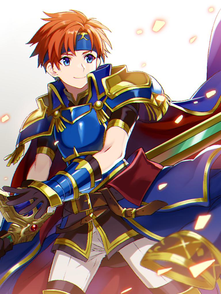 armor blue_eyes cape fire_emblem fire_emblem:_fuuin_no_tsurugi fire_emblem_heroes gloves headband holding holding_sword holding_weapon nintendo pauldrons redhead roy_(fire_emblem) smile solo sword weapon yuki_(yuki2061)