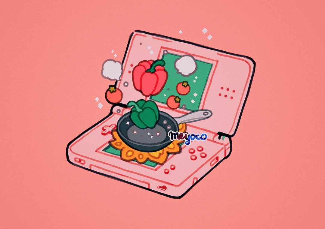 artist_name cooking cooking_mama fire frying_pan handheld_game_console meyoco nintendo nintendo_ds no_humans original pink_background pumpkin simple_background sparkle tomato