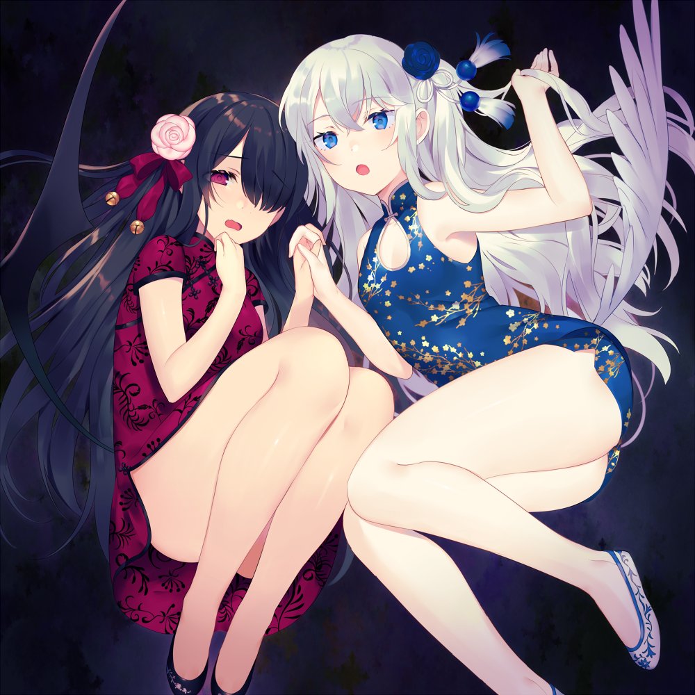2girls :o achiki angel_wings armpits bare_arms bare_legs bare_shoulders bell black_footwear black_hair blue_dress blue_eyes blue_flower blush breasts china_dress chinese_clothes cleavage_cutout demon_wings dress fang floating_hair floral_print flower hair_between_eyes hair_flower hair_ornament hair_over_one_eye hand_holding hand_up jingle_bell knees_up long_hair looking_at_viewer multiple_girls one_side_up open_mouth original pelvic_curtain pink_flower purple_dress rose shoes short_dress short_sleeves sidelocks sleeveless sleeveless_dress small_breasts tassel thighs very_long_hair violet_eyes white_footwear white_hair wings