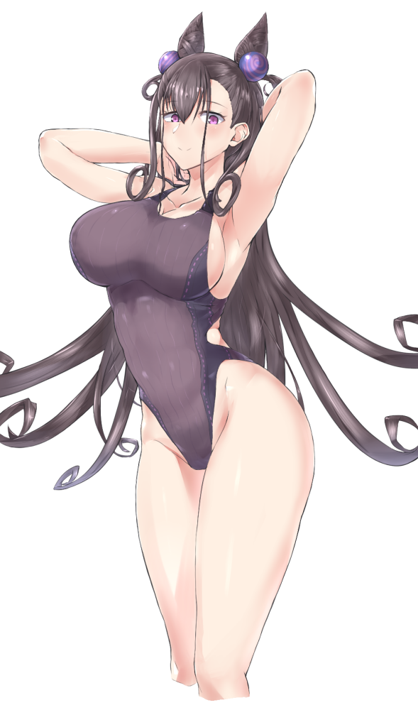 1girl bangs black_hair black_swimsuit breasts collarbone commentary_request competition_swimsuit cowboy_shot depo_(typebaby505) double_bun fate/grand_order fate_(series) highleg highleg_swimsuit large_breasts long_hair looking_at_viewer murasaki_shikibu_(fate) one-piece_swimsuit simple_background smile solo swimsuit very_long_hair violet_eyes white_background