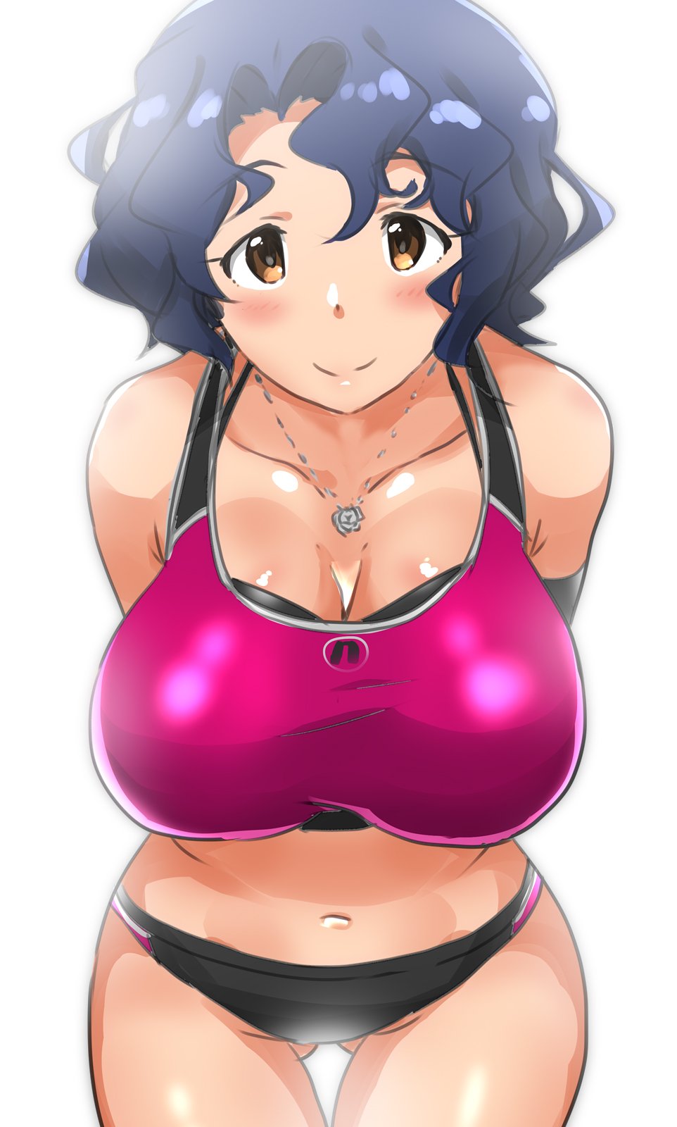1girl arms_behind_back bare_shoulders black_panties blue_hair blush bra breasts brown_eyes cleavage closed_mouth collarbone gluteal_fold highres idolmaster idolmaster_million_live! jewelry large_breasts leaning_forward looking_at_viewer m_mance navel necklace panties pink_bra short_hair simple_background smile solo sports_bra toyokawa_fuuka underwear wavy_hair white_background