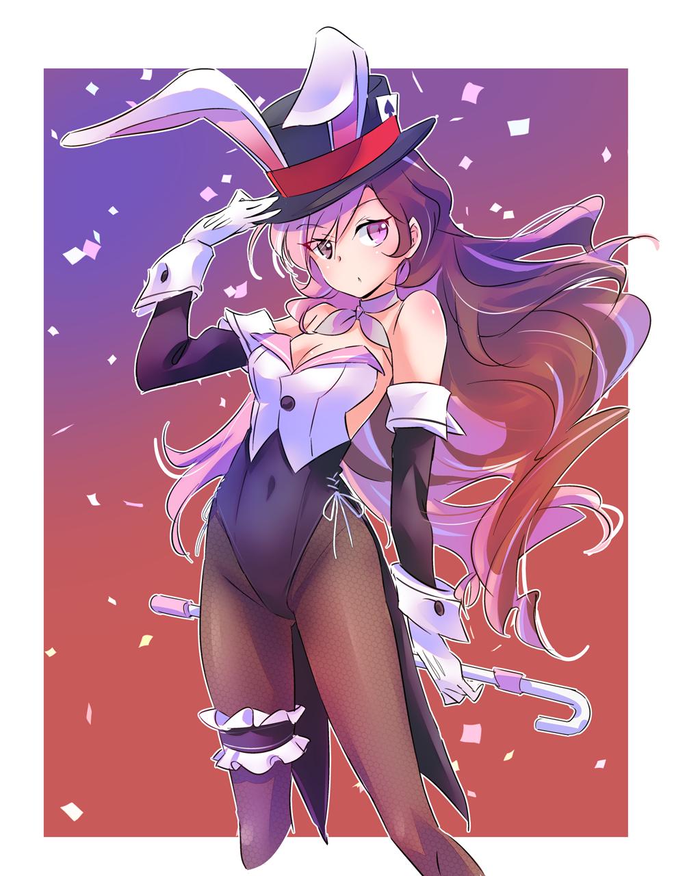 animal_ears black_leotard breasts brown_eyes brown_hair bunny_girl bunnysuit cane card cleavage coattails covered_navel detached_sleeves fishnets gloves hat heterochromia highres iesupa leotard multicolored_hair neo_(rwby) pantyhose pink_eyes pink_hair playing_card rabbit_ears rwby single_garter strapless top_hat wrist_cuffs