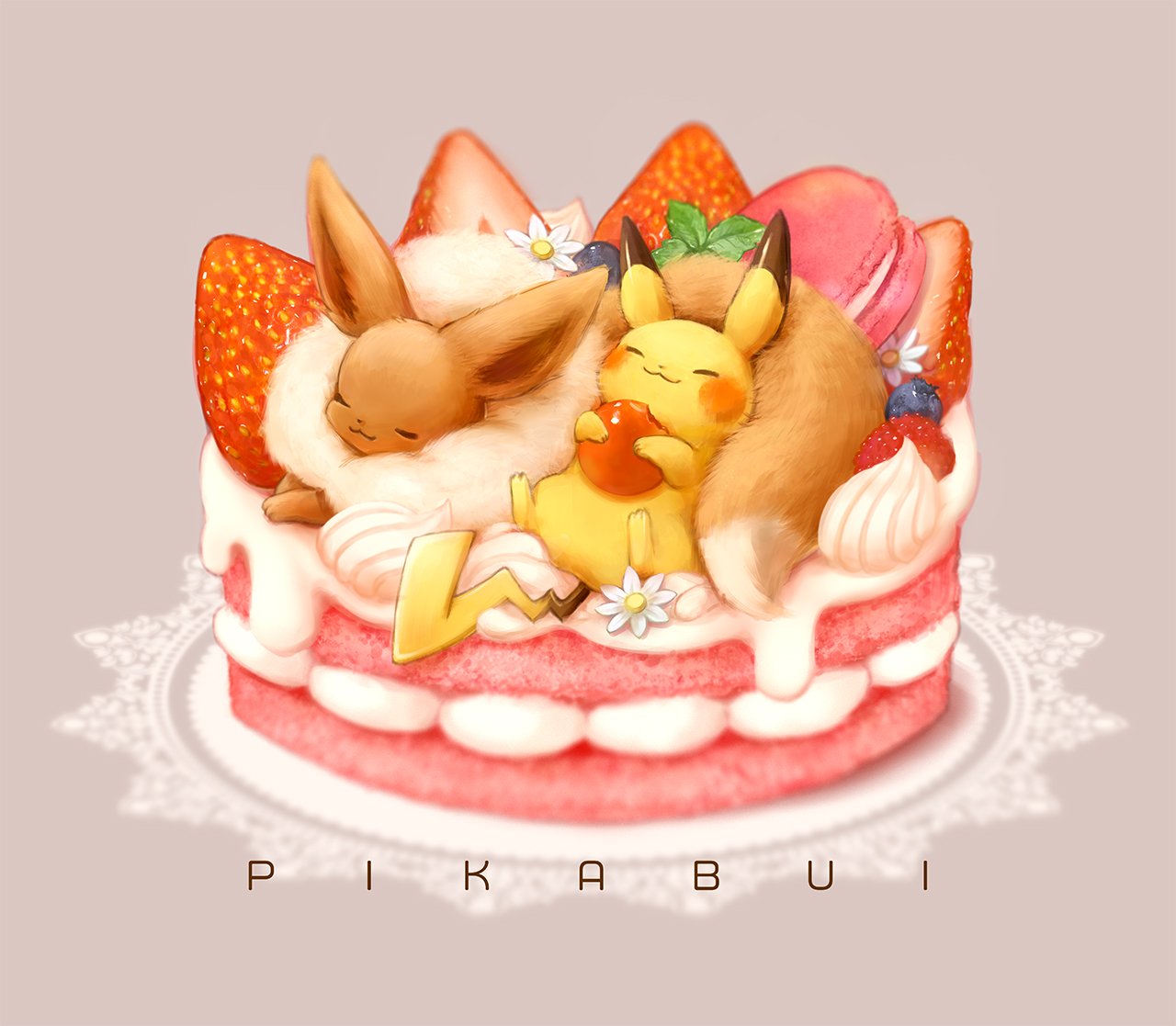 berries cake cream creatures_(company) eevee food fruit fur_collar game_freak gen_1_pokemon grey_background macaron nintendo no_humans pikachu pokemon pokemon_(creature) rikka_(rikka331) simple_background strawberry