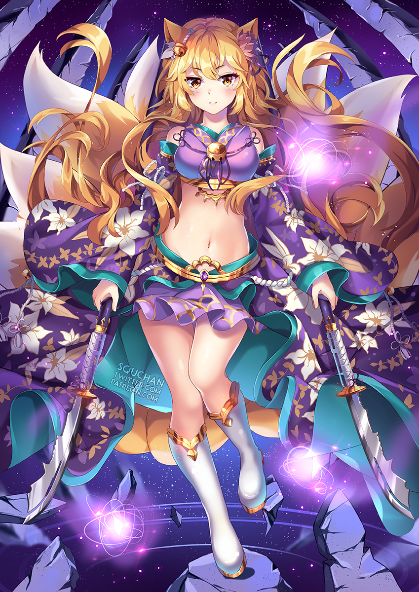 1girl animal_ear_fluff animal_ears artist_name bare_shoulders bell blonde_hair blush boots breasts crop_top detached_sleeves dual_wielding floating_hair floral_print flower fox_ears fox_tail full_body hair_flower hair_ornament highres holding holding_weapon japanese_clothes jingle_bell kawaii_nihongo knee_boots kyuubi light_particles long_hair long_sleeves looking_at_viewer magic medium_breasts midriff miniskirt multiple_tails naginata navel night night_sky parted_lips polearm purple_skirt riko_(kawaii_nihongo) rock skirt sky solo squchan standing standing_on_one_leg star_(sky) starry_sky stomach tail very_long_hair weapon white_footwear wide_sleeves yellow_eyes