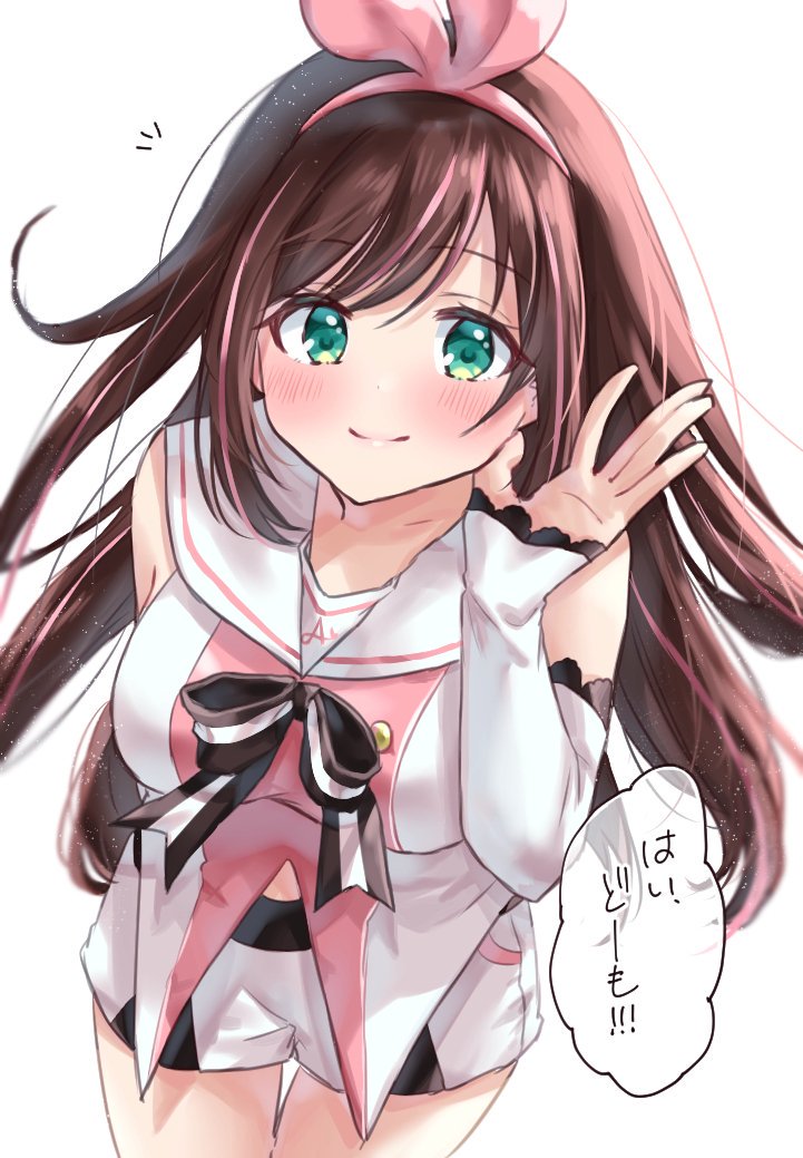 1girl a.i._channel arm_behind_back bangs black_neckwear blush brown_hair commentary cupping_hand detached_sleeves green_eyes hair_ribbon hairband hand_on_ear highlights kizuna_ai leaning_forward long_hair looking_at_viewer minori_748 multicolored_hair neck_ribbon notice_lines pink_ribbon ribbon sailor_collar short_shorts shorts simple_background smile solo striped striped_neckwear white_background