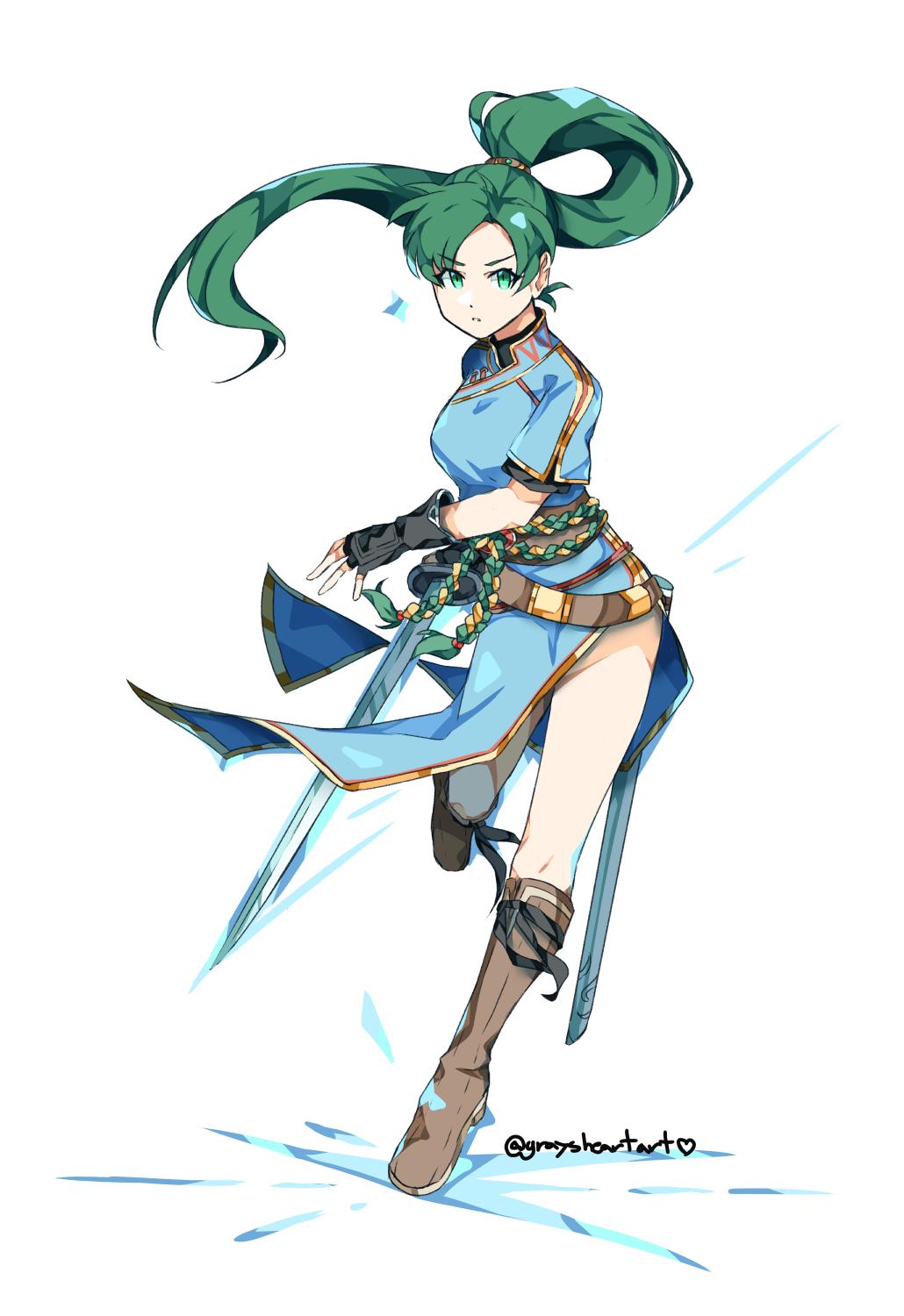 boots earrings fingerless_gloves fire_emblem fire_emblem:_rekka_no_ken fire_emblem_heroes full_body gloves graysheartart green_eyes green_hair high_ponytail highres intelligent_systems jewelry long_hair looking_at_viewer lyndis_(fire_emblem) moe nintendo pelvic_curtain ponytail side_slit simple_background super_smash_bros. sword weapon