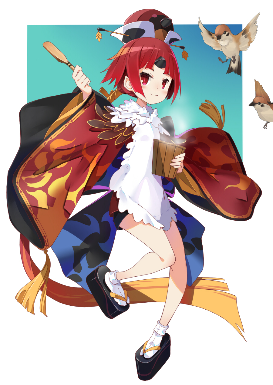1girl animal apron bangs bare_legs basket benienma_(fate/grand_order) bird black_footwear blush commentary_request fate/grand_order fate_(series) flying full_body fur_trim ginklaga hat highres holding holding_basket japanese_clothes kimono long_sleeves looking_at_viewer parted_bangs red_eyes red_kimono redhead sandals short_hair smile socks solo white_apron white_footwear wide_sleeves