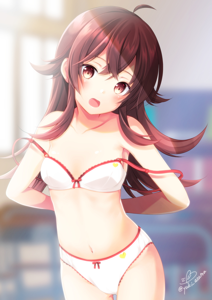 1girl arms_behind_back azuma_yuki bangs bare_arms bare_shoulders blurry blurry_background blush bow bow_bra bow_panties bra breasts brown_eyes brown_hair collarbone commentary_request depth_of_field eyebrows_visible_through_hair hair_between_eyes head_tilt idolmaster idolmaster_shiny_colors indoors komiya_kaho long_hair navel open_mouth panties signature small_breasts solo strap_slip twitter_username underwear underwear_only undressing white_bra white_panties