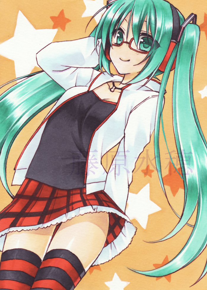 1girl ankle arm_behind_back black_shirt breasts cleavage collarbone cowboy_shot floating_hair frilled_skirt frills fujiwara_minaho glasses green_eyes green_hair hand_in_hair hatsune_miku headphones jacket long_hair long_sleeves marker_(medium) miniskirt open_clothes open_jacket orange_background plaid plaid_skirt red-framed_eyewear red_skirt shiny shiny_hair shirt skirt small_breasts smile solo standing striped striped_legwear thigh-highs thigh_gap traditional_media twintails very_long_hair vocaloid watermark white_jacket zettai_ryouiki