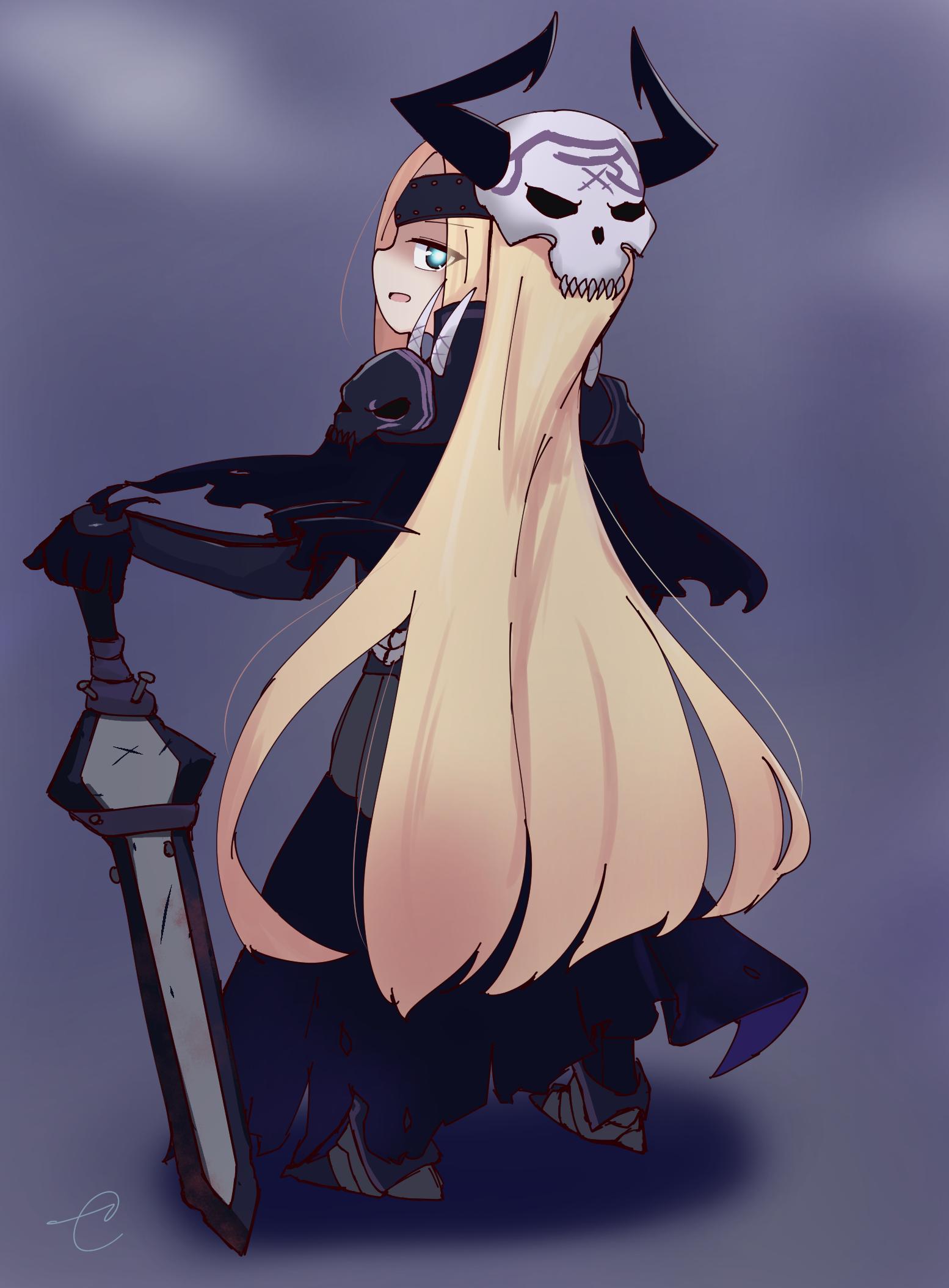 1girl abigail_williams_(fate/grand_order) armor armored_boots armored_dress bangs black_cloak black_dress blonde_hair blue_eyes boots cloak commentary_request cosplay dress eyebrows_visible_through_hair fate/grand_order fate_(series) from_behind full_body hand_on_hilt highres horned_mask horns king_hassan_(fate/grand_order) king_hassan_(fate/grand_order)_(cosplay) kujou_karasuma looking_at_viewer looking_back mask mask_on_head planted_sword planted_weapon profile signature skull_mask solo spikes standing sword weapon