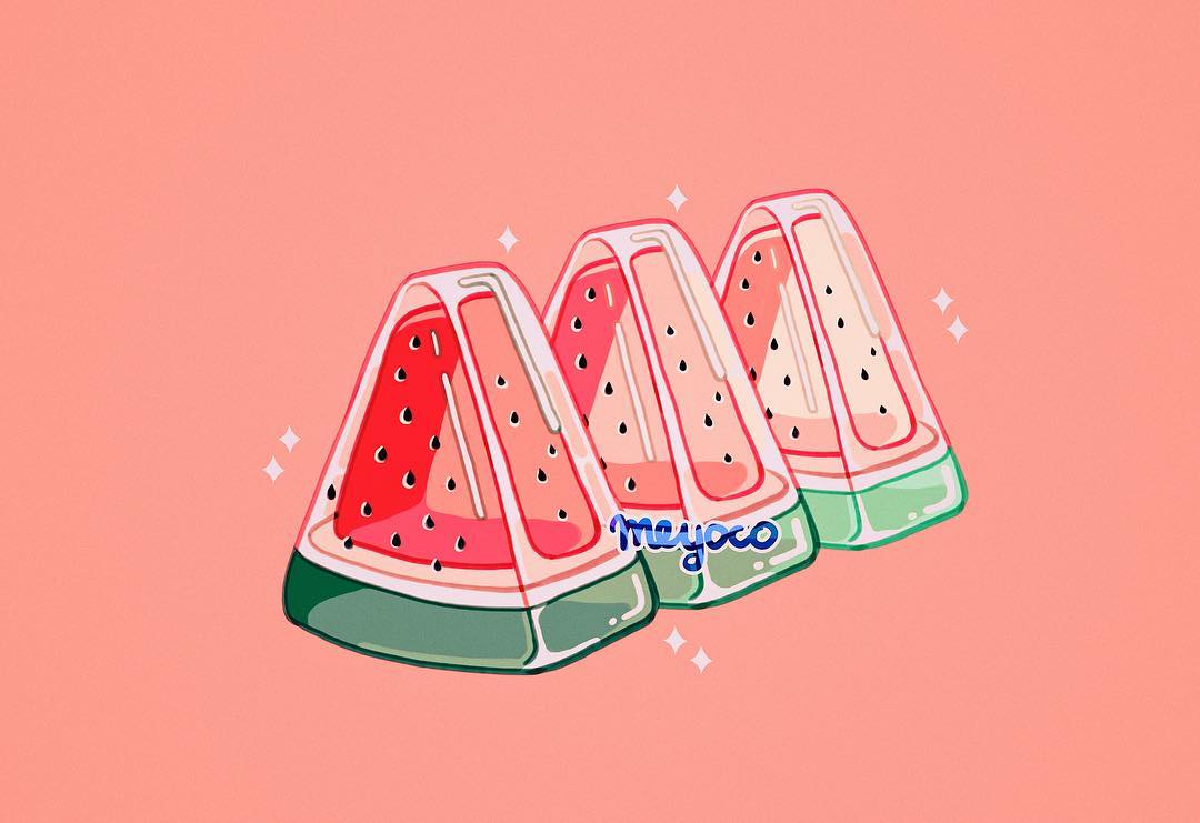 artist_name food fruit meyoco no_humans original pink_background seed simple_background sparkle transparent watermelon watermelon_seeds