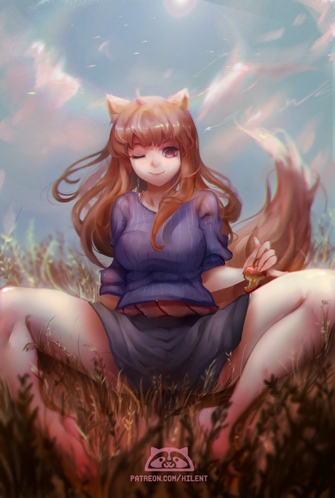 1girl ;) animal_ears apple apple_core artist_name barefoot black_skirt blue_shirt blue_sky breasts brown_hair food fruit hilent holo long_hair looking_at_viewer medium_breasts one_eye_closed outdoors red_eyes shirt skirt sky smile solo spice_and_wolf spread_legs tail watermark web_address wolf_ears wolf_tail