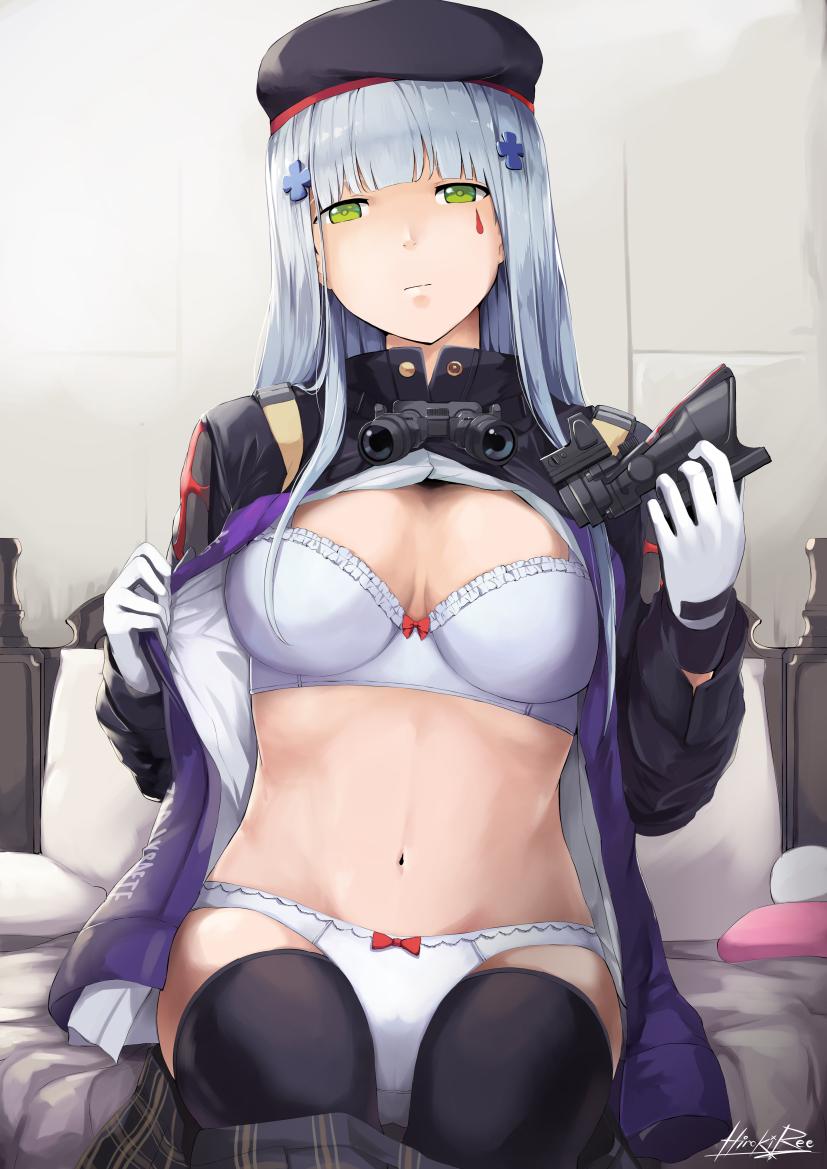 1girl acog artist_name bangs bed beret black_hat black_legwear blunt_bangs bow bow_bra bow_panties bra commentary english_commentary facial_mark girls_frontline gloves green_eyes hair_ornament hat hiroki_ree hk416_(girls_frontline) jacket long_hair long_sleeves looking_at_viewer open_clothes panties pillow silver_hair skirt skirt_removed teardrop thigh-highs underwear white_bra white_gloves white_panties