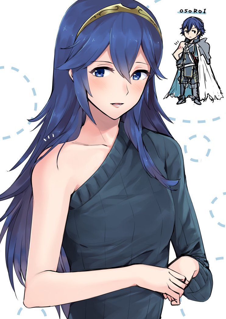 1girl :d a_meno0 asymmetrical_clothes asymmetrical_sleeves blue_eyes blue_hair blue_sweater collarbone fire_emblem fire_emblem:_kakusei hair_between_eyes hairband krom long_hair long_sleeves looking_at_viewer lucina nintendo open_mouth ribbed_sweater shiny shiny_hair smile sweater upper_body very_long_hair yellow_hairband