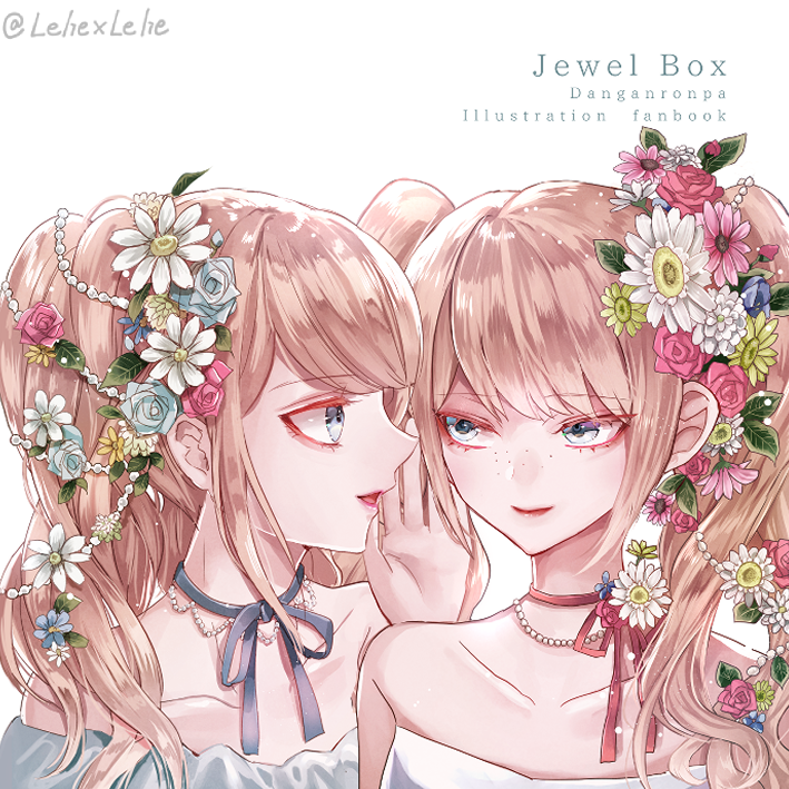 2girls @ alternate_costume blonde_hair blue_eyes blue_neckwear blue_ribbon choker collarbone commentary_request dangan_ronpa dangan_ronpa_1 dress enoshima_junko eyebrows_visible_through_hair face flower freckles hair_flower hair_ornament ikusaba_mukuro jewelry long_hair looking_at_another multiple_girls necklace parted_lips pink_neckwear red_flower ribbon rose siblings simple_background sisters smile strapless strapless_dress twins twintails twitter_username white_background white_flower wig z-epto_(chat-noir86)
