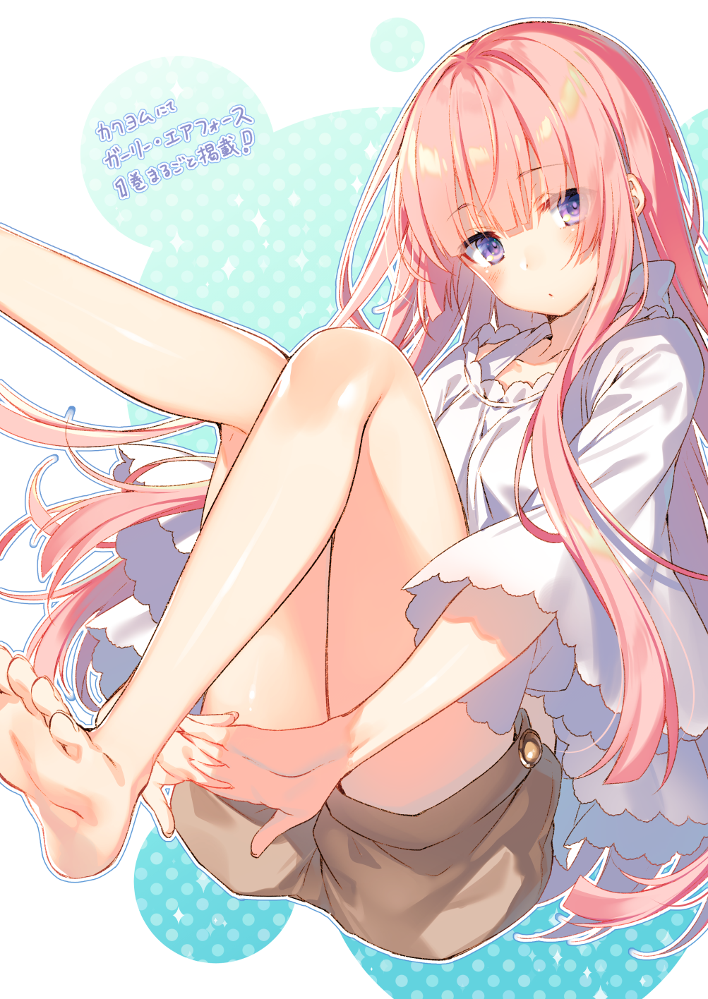 1girl bare_legs barefoot blush brown_shorts closed_mouth collarbone commentary_request floating_hair girly_air_force gripen_(girly_air_force) head_tilt highres knees_up leg_hug leg_up long_hair long_sleeves looking_at_viewer own_hands_together pink_hair shirt short_shorts shorts sidelocks solo sparkle thighs toosaka_asagi translation_request very_long_hair violet_eyes white_shirt wide_sleeves